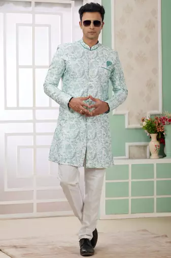 green banarasi jacquard sherwani for men