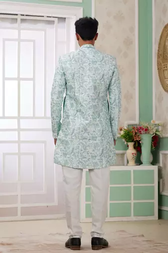 green banarasi jacquard sherwani for men