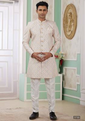 beige banarasi jacquard sherwani for men 1