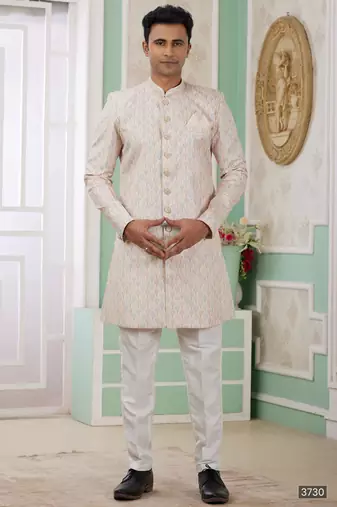 Beige banarasi jacquard semi indo for men