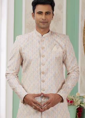 beige banarasi jacquard sherwani for men 2