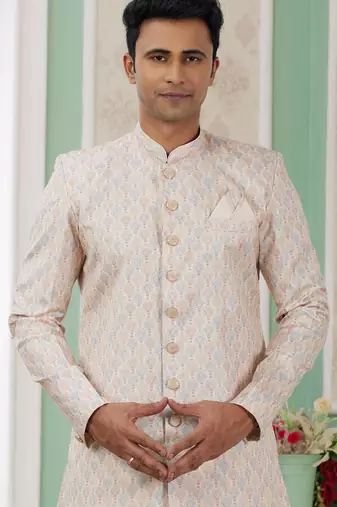 beige banarasi jacquard sherwani for men