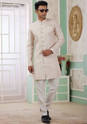 beige banarasi jacquard sherwani for men 3