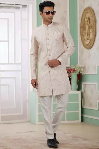 beige banarasi jacquard sherwani for men