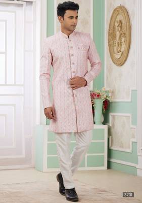 pink banarasi jacquard sherwani for men 1