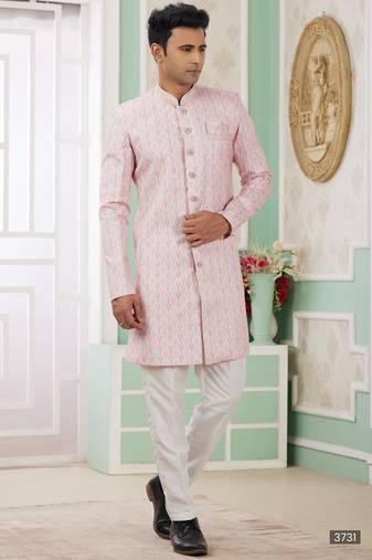 Pink banarasi jacquard semi indo for men