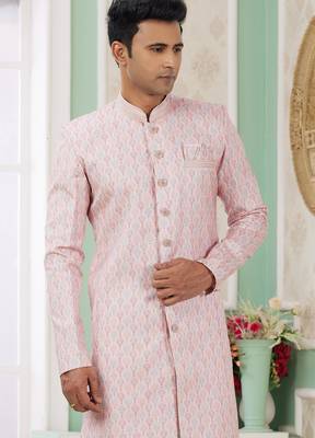 pink banarasi jacquard sherwani for men 2