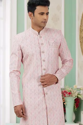 pink banarasi jacquard sherwani for men