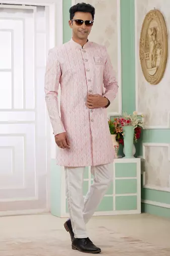 pink banarasi jacquard sherwani for men