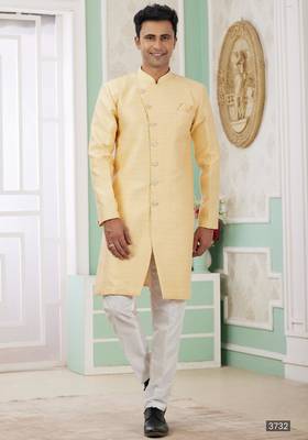 yellow banarasi jacquard sherwani for men 1