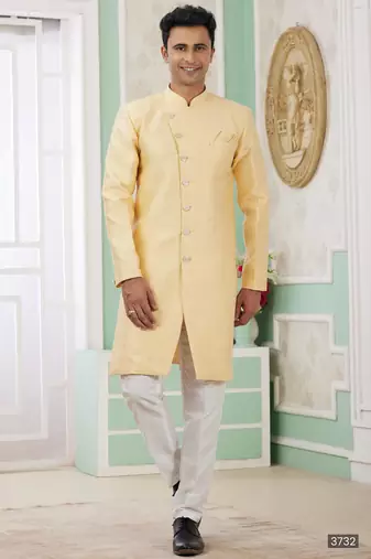 Yellow banarasi jacquard semi indo for men