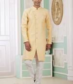 Yellow banarasi jacquard semi indo for men