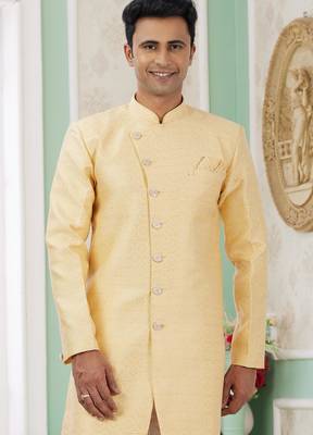 yellow banarasi jacquard sherwani for men 2