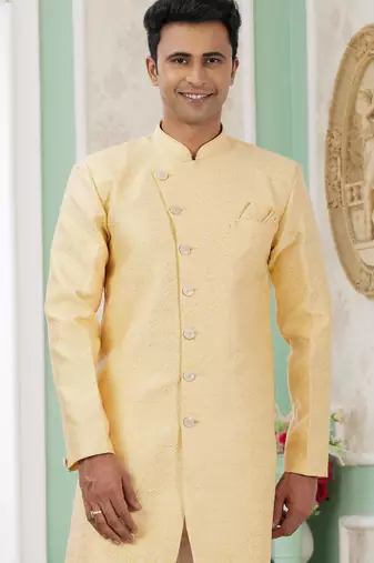 yellow banarasi jacquard sherwani for men