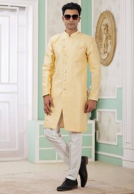 yellow banarasi jacquard sherwani for men 3