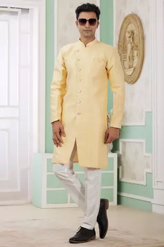 yellow banarasi jacquard sherwani for men