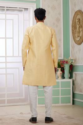 yellow banarasi jacquard sherwani for men 4