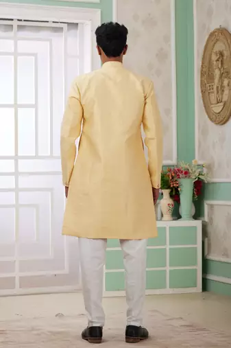 yellow banarasi jacquard sherwani for men