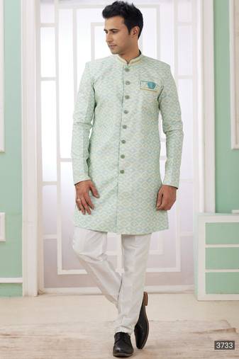 Green banarasi jacquard semi indo for men