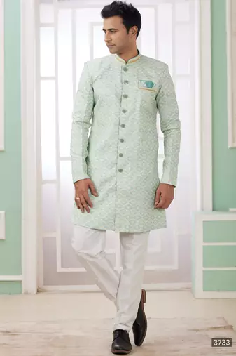 Green banarasi jacquard semi indo for men