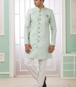 Green banarasi jacquard semi indo for men