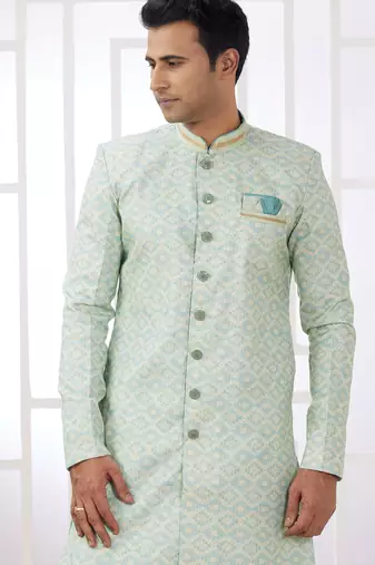 green banarasi jacquard sherwani for men