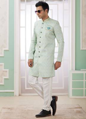 green banarasi jacquard sherwani for men 3