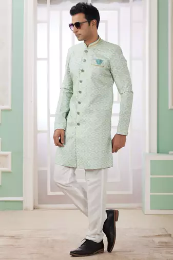 green banarasi jacquard sherwani for men