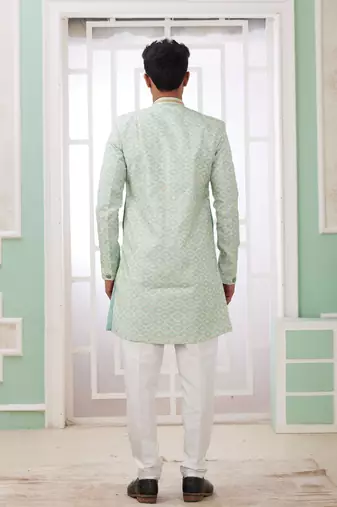 green banarasi jacquard sherwani for men