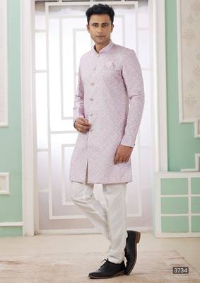 pink banarasi jacquard sherwani for men 1