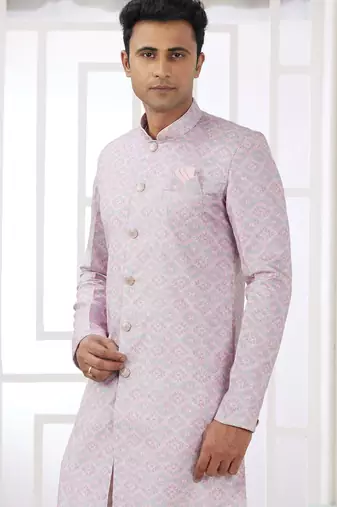pink banarasi jacquard sherwani for men