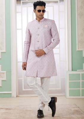 pink banarasi jacquard sherwani for men 3