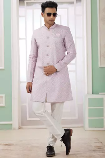 pink banarasi jacquard sherwani for men