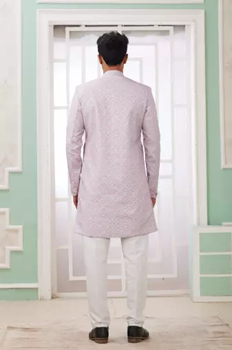 pink banarasi jacquard sherwani for men