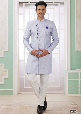 blue banarasi jacquard sherwani for men 1