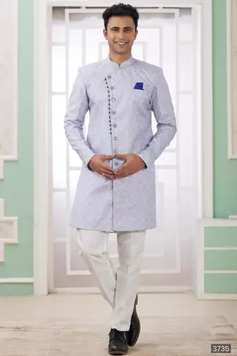 Blue banarasi jacquard semi indo for men