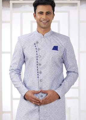 blue banarasi jacquard sherwani for men 2