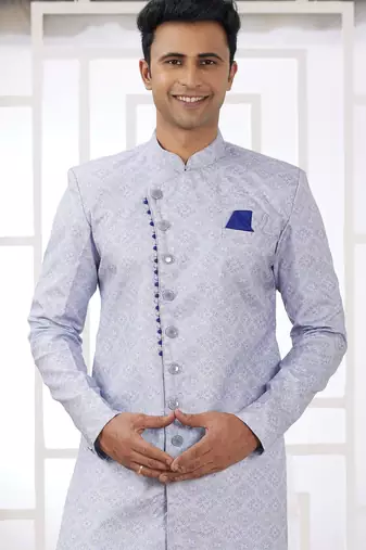 blue banarasi jacquard sherwani for men