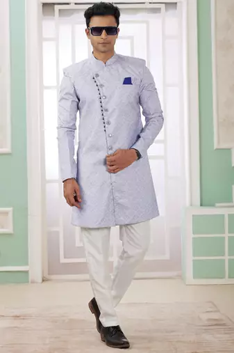 blue banarasi jacquard sherwani for men