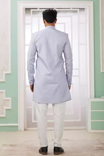 blue banarasi jacquard sherwani for men
