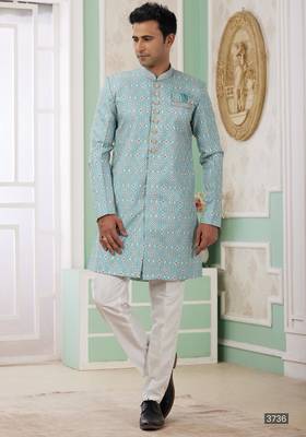 green banarasi jacquard sherwani for men 1