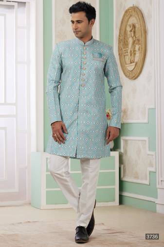 Green banarasi jacquard semi indo for men