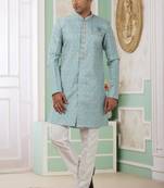 Green banarasi jacquard semi indo for men