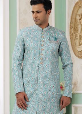 green banarasi jacquard sherwani for men 2