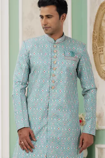 green banarasi jacquard sherwani for men