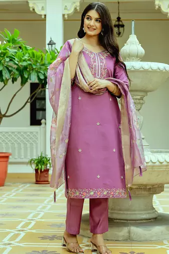 Lavender viscose chanderi silk thread embroidered with beads work with printed dupatta kurta pant set