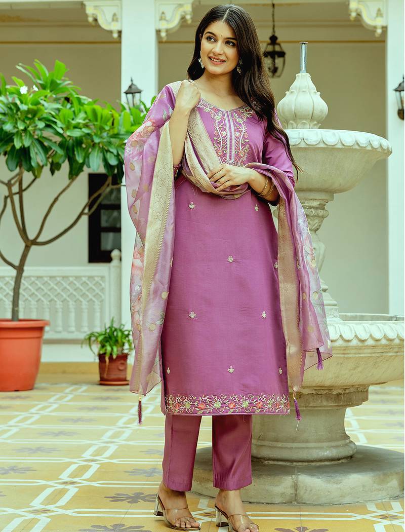 Lavender viscose chanderi silk thread embroidered with beads work with printed dupatta kurta pant set