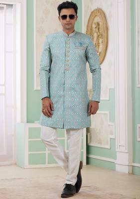 green banarasi jacquard sherwani for men 3