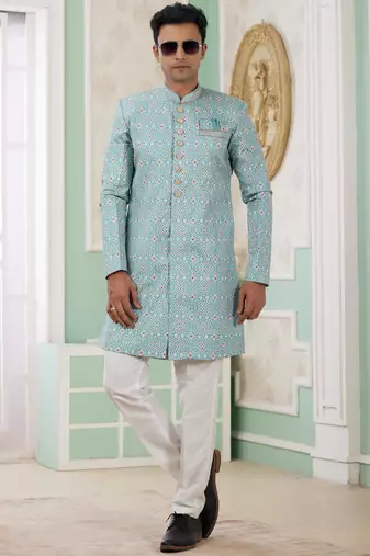 green banarasi jacquard sherwani for men