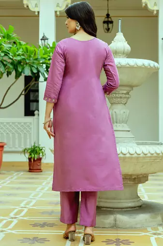 Lavender viscose chanderi silk thread embroidered with beads work with printed dupatta kurta pant set